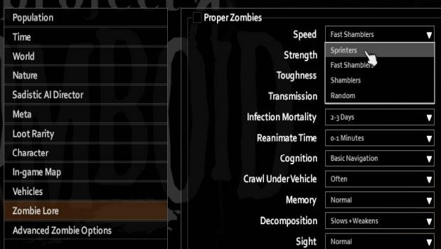 Project Zomboid screenshot of the sandbox menu