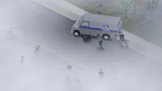 Project Zomboid screenshot of a van getting away from a zombie horde