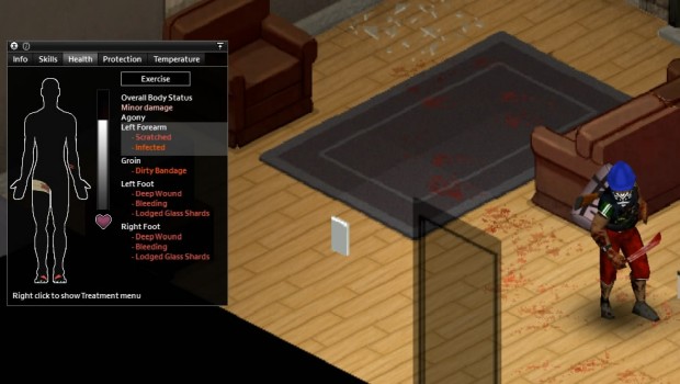 Project Zomboid screenshot of a wounded survivor returning home