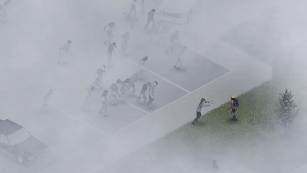 Project Zomboid screenshot of a horde emerging from a foggy parking lot
