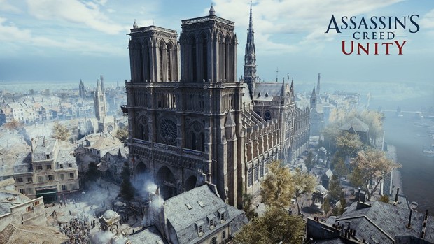 Assassin's Creed Unity screenshot showing the Notre-Dame cathedral