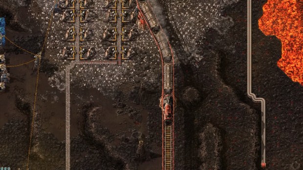 Factorio: Space Age Beginner's Guide screenshot of an elevated train on Vulcanus