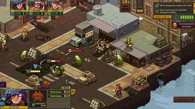 Metal Slug Tactics screenshot of a turn-based battle in the city