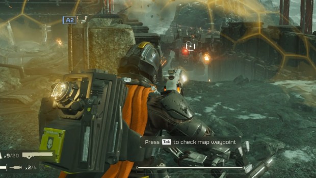 Helldivers 2 screenshot of the Automaton mech's eye weak point