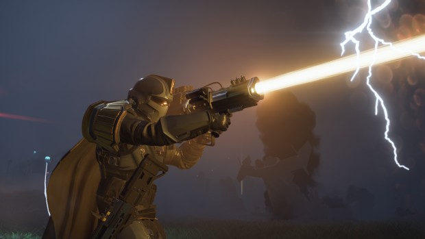 Helldivers 2 screenshot of the laser cannon firing